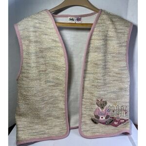 Suttons Stitchwear Waffle Knit Retro Vest Sz L Teddy Bear Picnic Pink Trim VTG